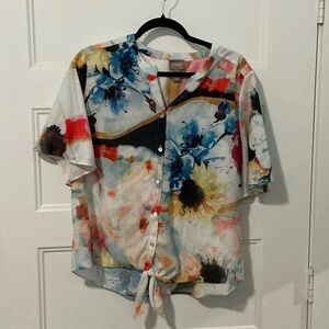 Chico's Multicolor Floral Tie-Front Short Sleeve Blouse